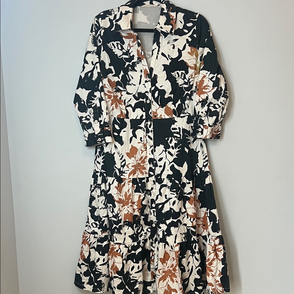 Soft Surroundings Black White Tan Floral Maxi Dress‎ 3/4 Length Sleeves Boho